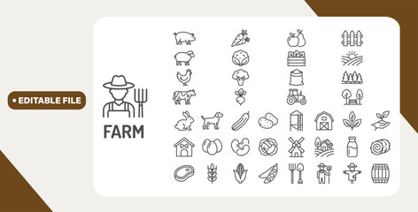 Farming web icons in line style. Agriculture, planting, fertilizer, vegetables, tractor, farmers, fence, farm buildings, collection. Editable stroke. Vector illustration. © Kingko