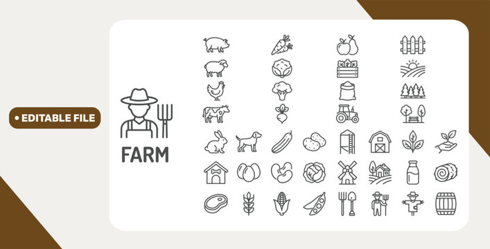 Farming web icons in line style. Agriculture, planting, fertilizer, vegetables, tractor, farmers, fence, farm buildings, collection. Editable stroke. Vector illustration.