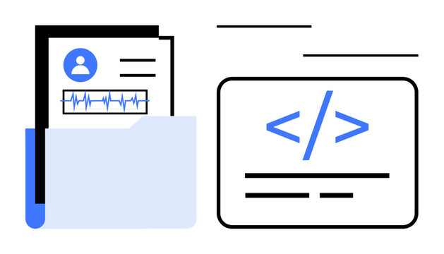 Data organization, programming, software development, digital security, tech documentation, file management. A folder with a medical document and a coding sign. Data organization and programming idea