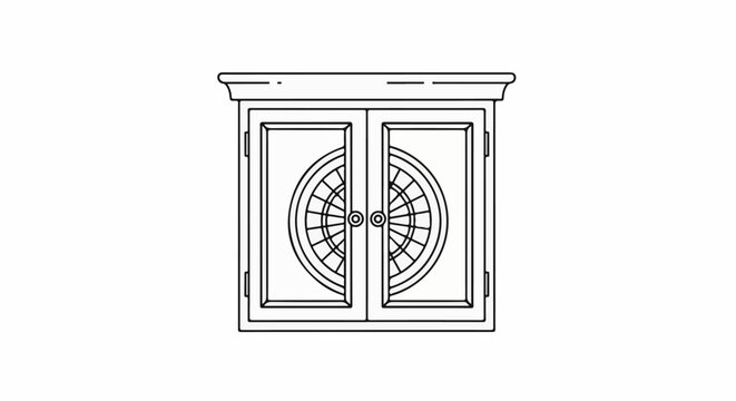Ornate cabinet with two doors featuring a circular, spoke-like design