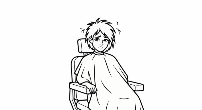 A person sits in a barber chair with a cape, looking apprehensive