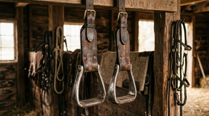 Naklejka premium Equestrian Heritage: Vintage leather stirrups, suspended from a weathered wooden beam within a rustic barn. It evokes a sense of history and the enduring bond between humans and horses. 