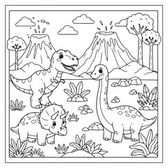 A playful scene of dinosaurs near volcanoes and lush prehistoric vegetation © Defendar13
