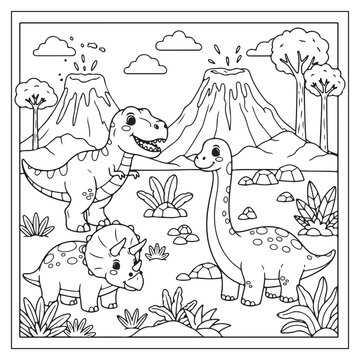 A playful scene of dinosaurs near volcanoes and lush prehistoric vegetation