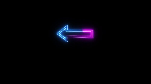 Neon arrow right to left direction concept . Arrow pointing right side, beautiful left side neon arrow icon animation on black background. 4K abstract neon arrow loading icon and uploading animation