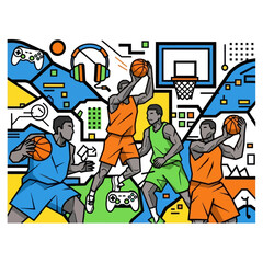 Basketball Players Playing Game, Digital Art, Sports Gaming Concept, Vibrant Colors © Pecilia