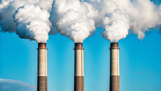 Three industrial chimneys emitting white smoke into blue sky