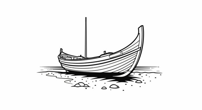A simplified line drawing of a wooden boat resting on a pebbly shore