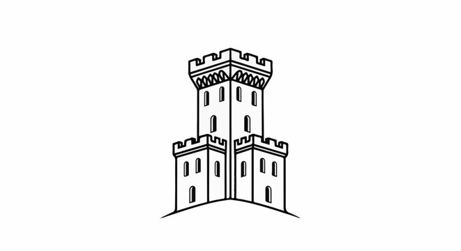Stylized black and white sketch of a fort with turrets and crenellations