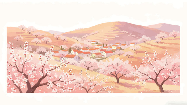 Watercolor Illustration of a Peaceful Spring Country Village Nestled Among Rolling Hills Dotted With Blooming Pink Flowering Trees