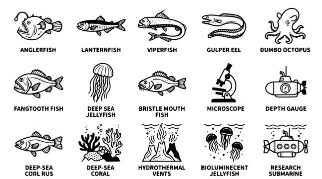 Collection of deep sea creatures and ocean research equipment icons