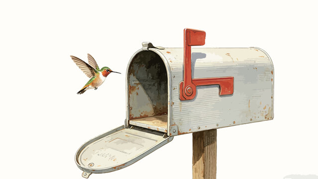 A Watercolor Illustration of an Open Rustic Vintage Mailbox with a Hummingbird Hovering Near the Entrance on a Clean Plain White Background