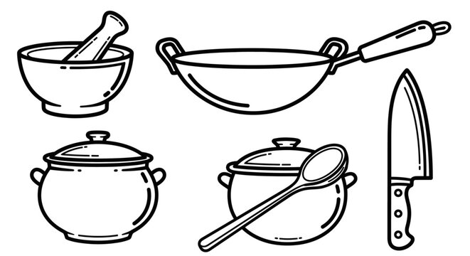 Cooking utensils illustration pan pot spoon knife and mortar isolated