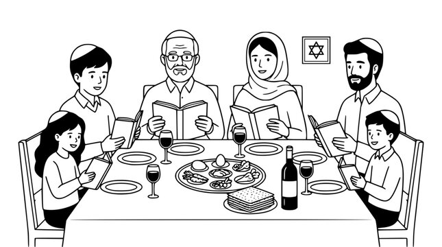 Jewish family reading together at the annual Passover seder table