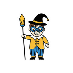 Obraz premium Boy in festive carnival masquerade costume holding a spear
