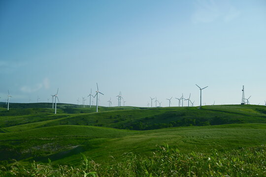 Wind turbines on green rolling hills under blue sky in Hokkaido Japan