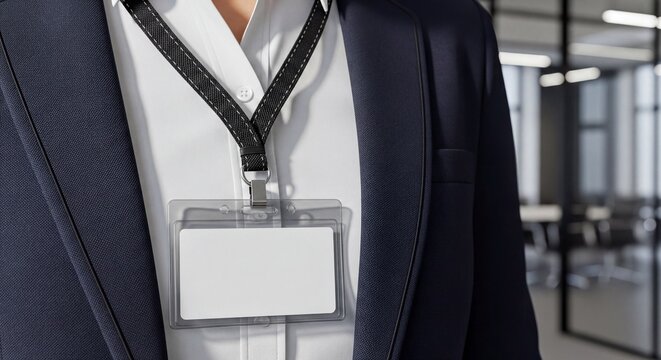 Corporate employee wearing blank ID card lanyard in modern office