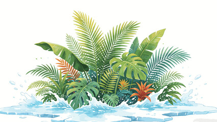 Obraz premium Watercolor Illustration of Lush Tropical Jungle Plants Emerging from Crashing Ocean Waves on a Clean White Background, Showcasing Vibrant Green Foliage and Bright Tropical Blooms