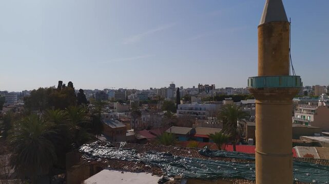 Low Altitude Aerial Drone Flypast of Omeriye Mosque Minaret in Historic Nicosia Cyprus