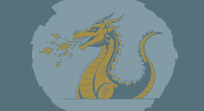 Stylized illustration of a dragon spitting fire on a textured background