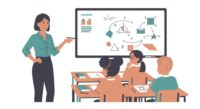 Teacher presenting lesson to students in classroom with interactive whiteboard