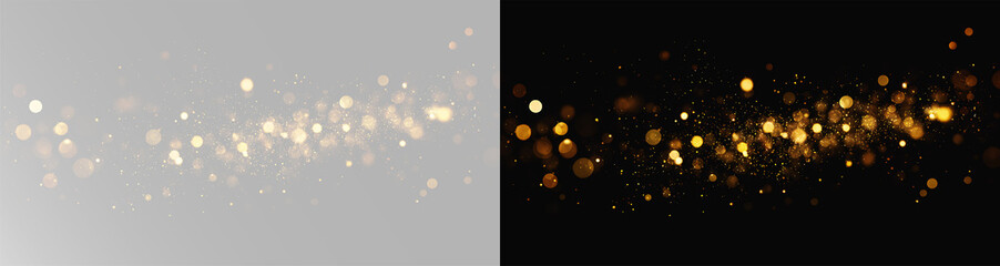 golden bokeh lights with radiant glitter particles and soft magic dust on grey background PNG © Alehandro