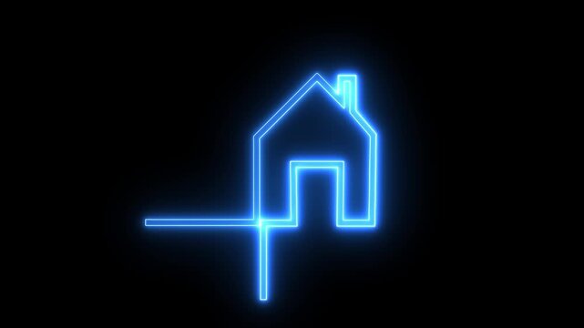 Neon line home icon. Neon line Cool linear animated home icon. House icon glowing neon light on black background.