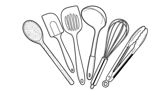 Outlined kitchen utensils spoon spatula slotted turner whisk tongs ladle