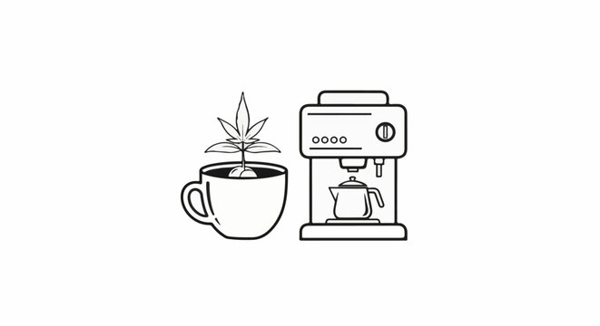 A stylized image shows a coffee maker and a plant growing in a mug