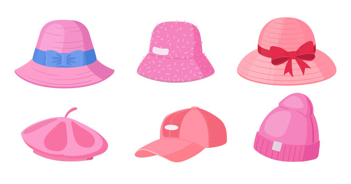 Modern female headwear. Cartoon pink hat, panama, beret and cap, fashionable headwear accessories, colorful had wearing elements flat vector Illustration set. Women hats isolated on white