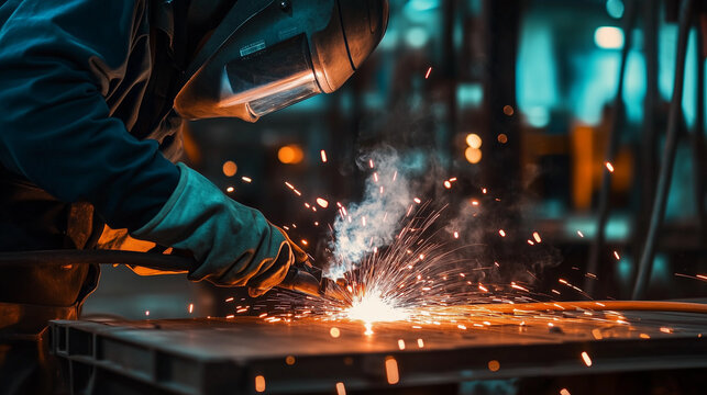 Professional metalworker hands welding steel construction, bright sparks flying, protective gloves, dark industrial workshop, authentic work atmosphere, professional stock photo