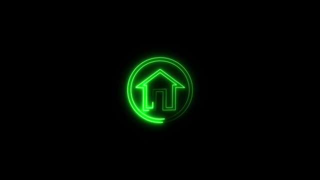 Neon line home icon. Neon line Cool linear animated home icon. House icon glowing neon light on black background.