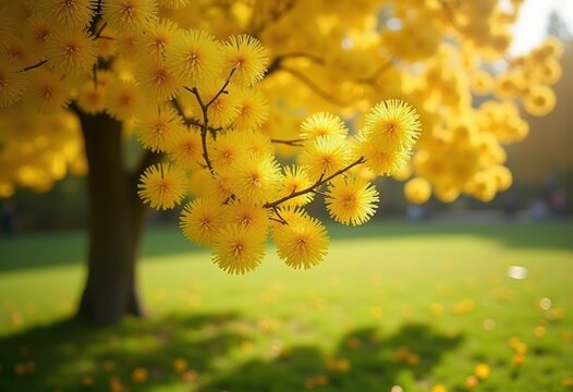 Mimosa Tree Blooms Vibrant Yellow Spherical Flowers in Park Setting with Fresh Lawn and Playful Atmosphere