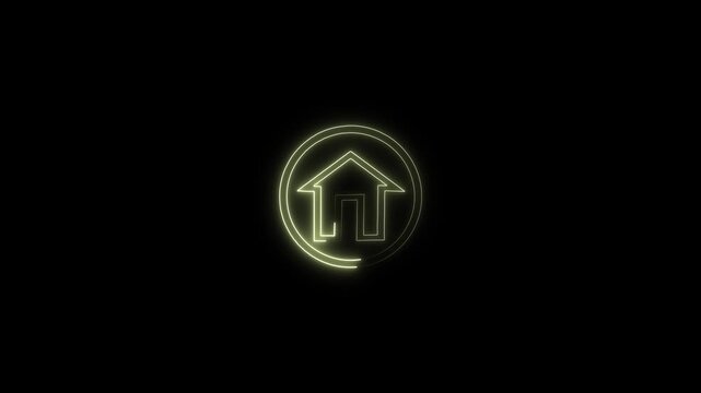 Neon line home icon. Neon line Cool linear animated home icon. House icon glowing neon light on black background.
