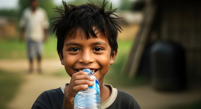 Smiling young boy drinking from a plastic water bottle in a rural setting with a blurred background