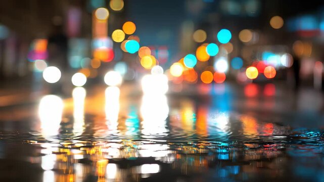 Abstract city bokeh lights rainy night street reflection background