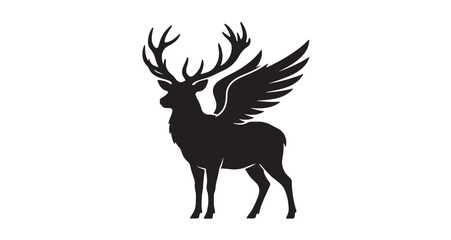 Fototapeta premium Winged Stag Silhouette illustration of a winged stag with large antlers standing proudly on a white background, a captivating fantasy creature graphic design.