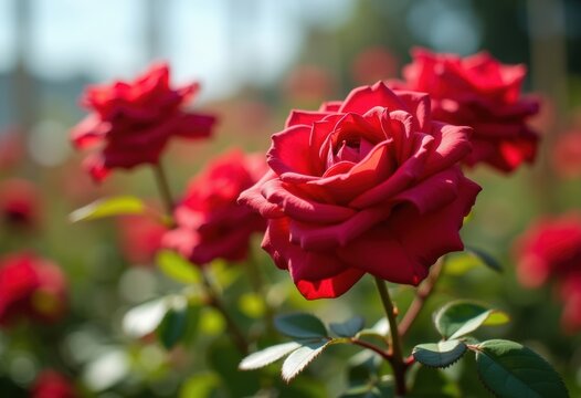Vibrant Red Roses Thriving in Blooming Garden Bed with Rich Green Foliage Under a Clear Blue Sky