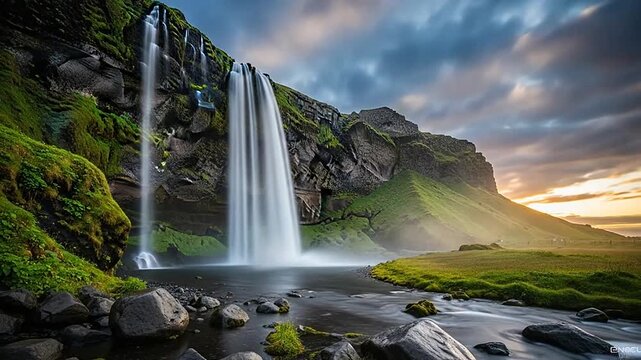 A beautiful waterfall cascades down a rocky cliff into a serene, calm river at sunset