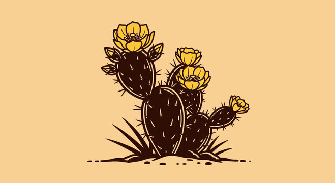 Blooming Prickly Pear Cactus Vector Illustration in Desert Style