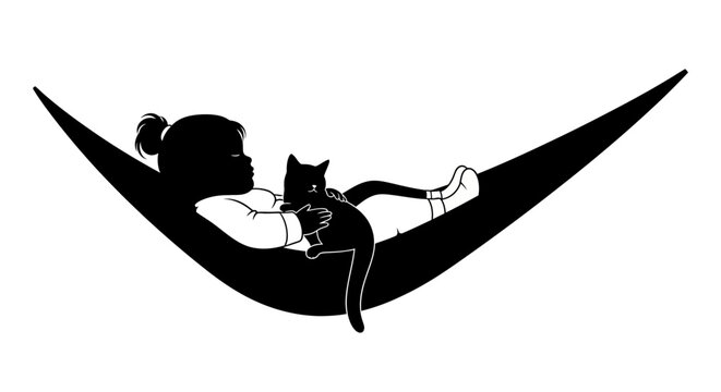 Silhouette of a Young Girl Relaxing with Her Cat in a Hammock.