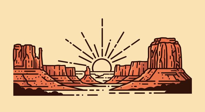 Stylized Sunrise Over Desert Canyon Mesa Landscape