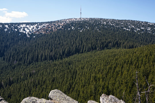 Praded from Sokoli skala rock formation on Sokol hill in Jeseniky mountains in Czech republic