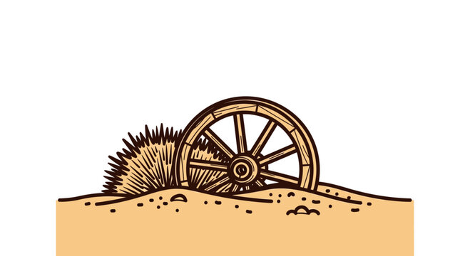 Vintage wooden wagon wheel partially buried in desert sand