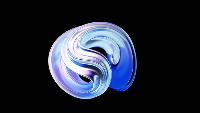 Transparent Iridescent Glass Abstract 3D Element, Blue-violet Color Isolated on Black Backgound. 3D Render. 
