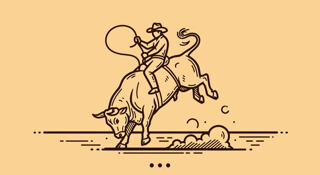 Vintage Style Cowboy Riding a Bucking Bull in a Rodeo
