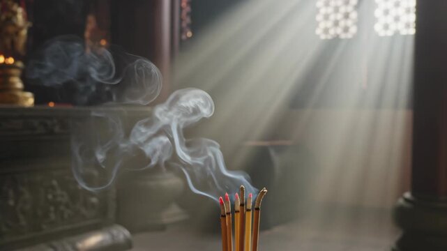 Burning Incense Sticks with Smoke in Sunlight Rays Inside Buddhist Temple