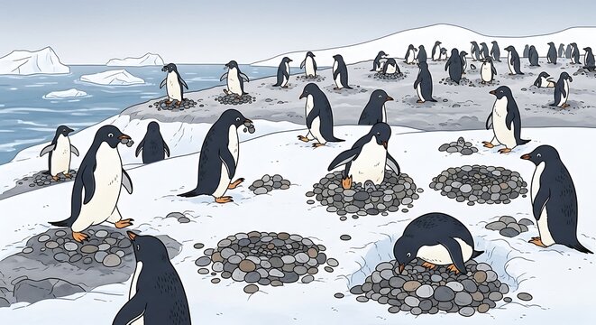Penguin colony with Antarctica.