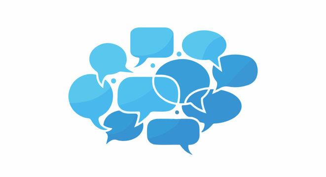 Cluster of overlapping blue speech bubbles on white background