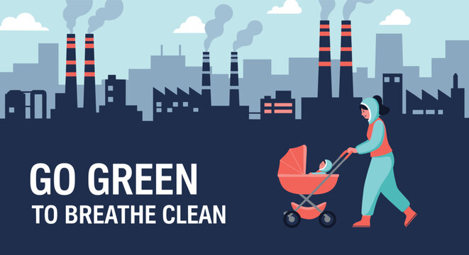 Mother walking with a baby stroller in front of a polluted city skyline with factories and smoking chimneys for ecology.